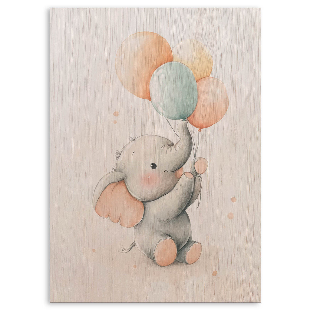 Cute Elephant with Balloons Wood Print by OnWood Australia