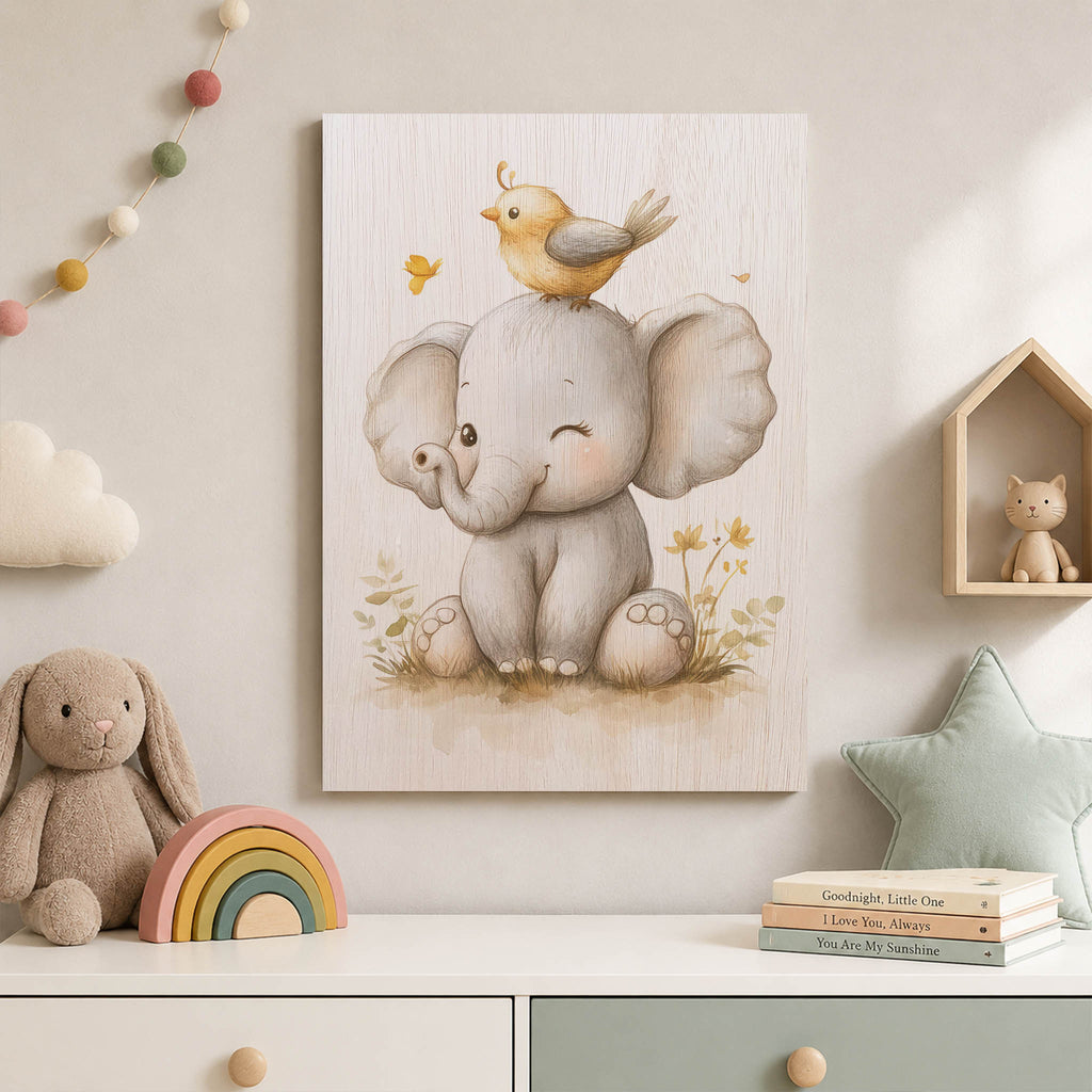 Cute Elephant with Bird Wood Print by OnWood Australia