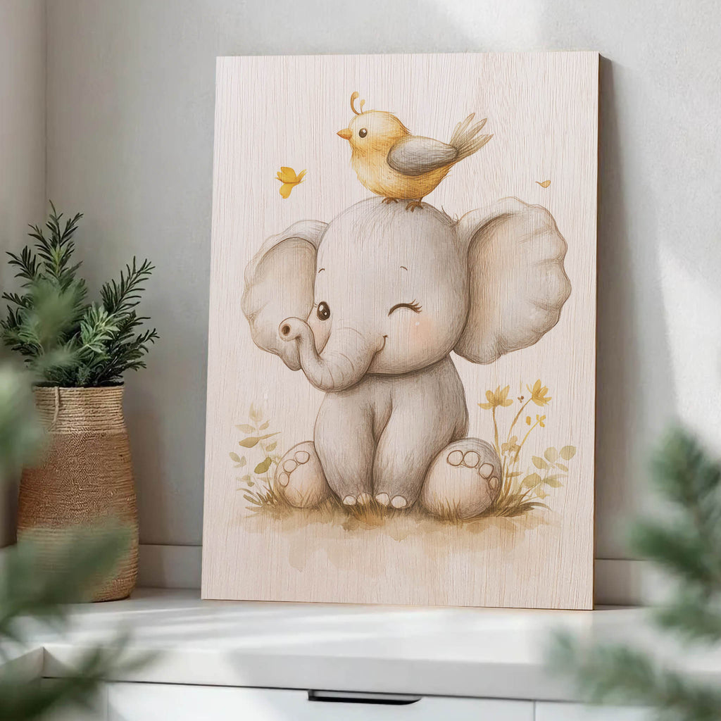 Cute Elephant with Bird Wood Print by OnWood Australia