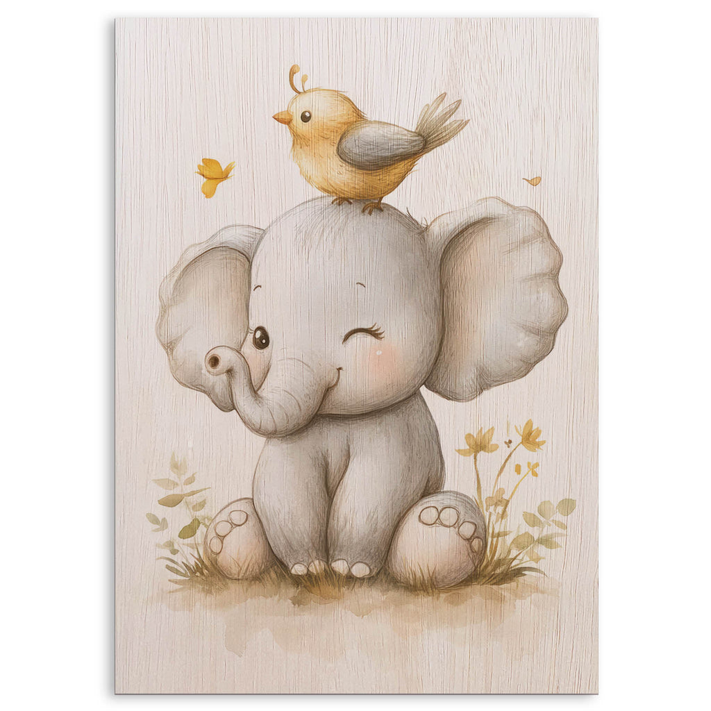 Cute Elephant with Bird Wood Print by OnWood Australia