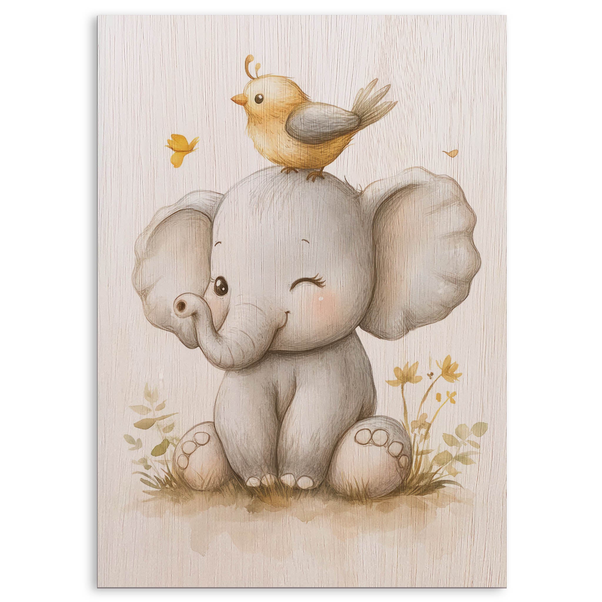 Cute Elephant with Bird Wood Print by OnWood Australia