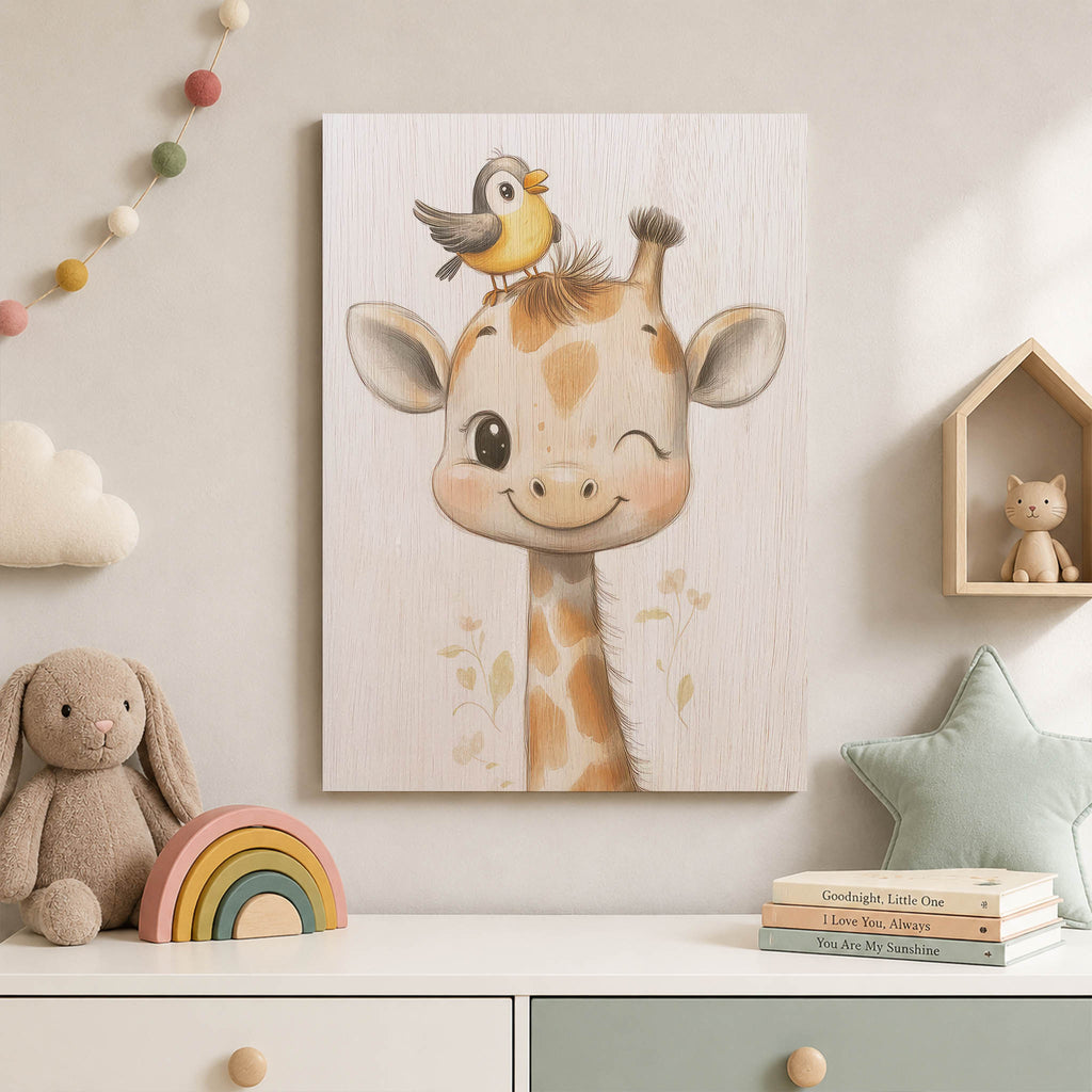 Cute Giraffe with Bird Wood Print by OnWood Australia
