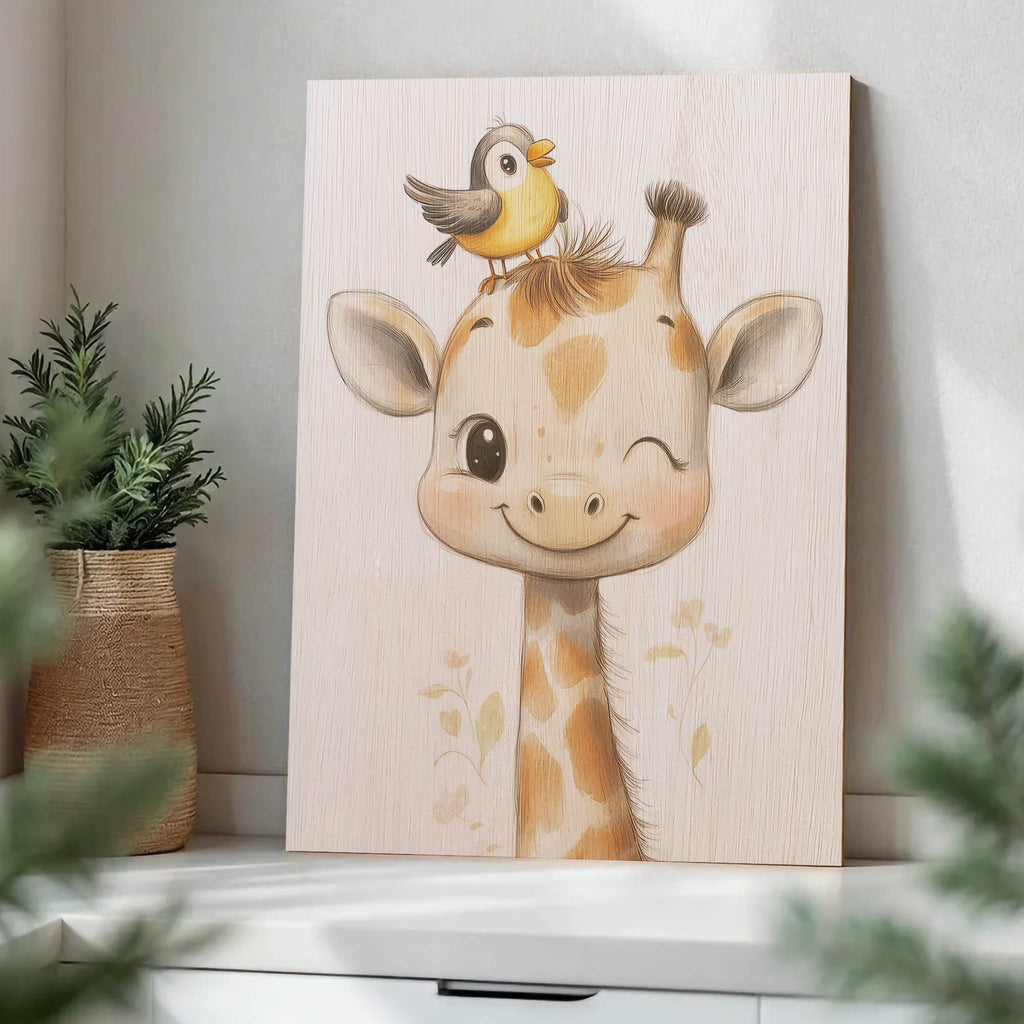 Cute Giraffe with Bird Wood Print by OnWood Australia