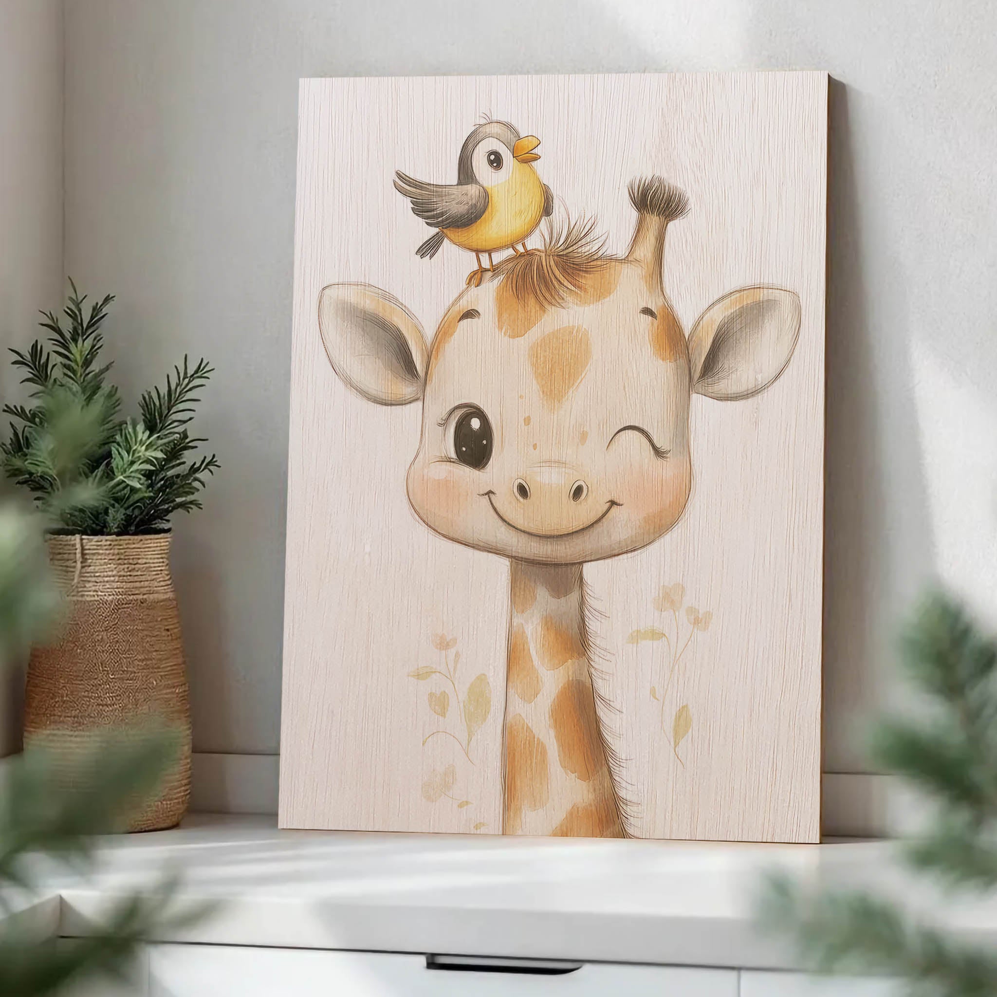 Cute Giraffe with Bird Wood Print by OnWood Australia