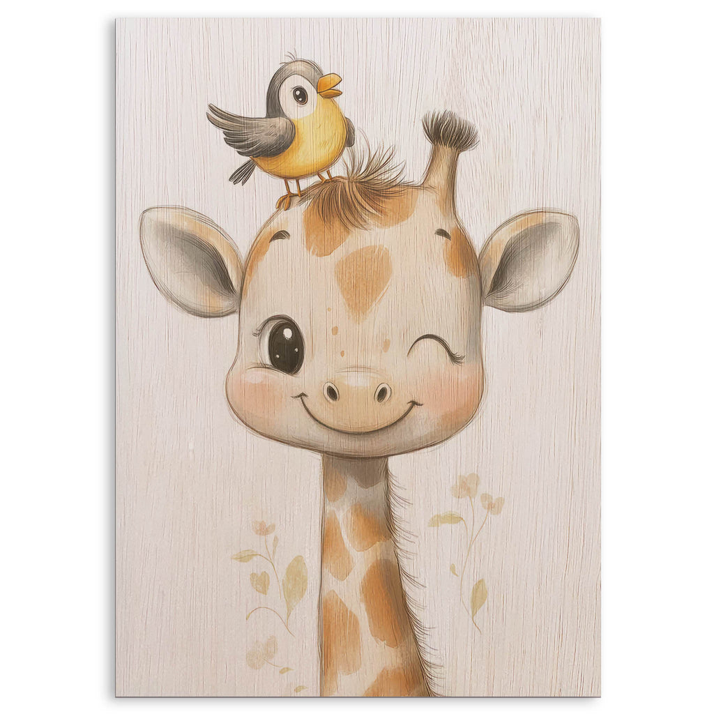 Cute Giraffe with Bird Wood Print by OnWood Australia