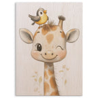 Cute Giraffe with Bird Wood Print by OnWood Australia