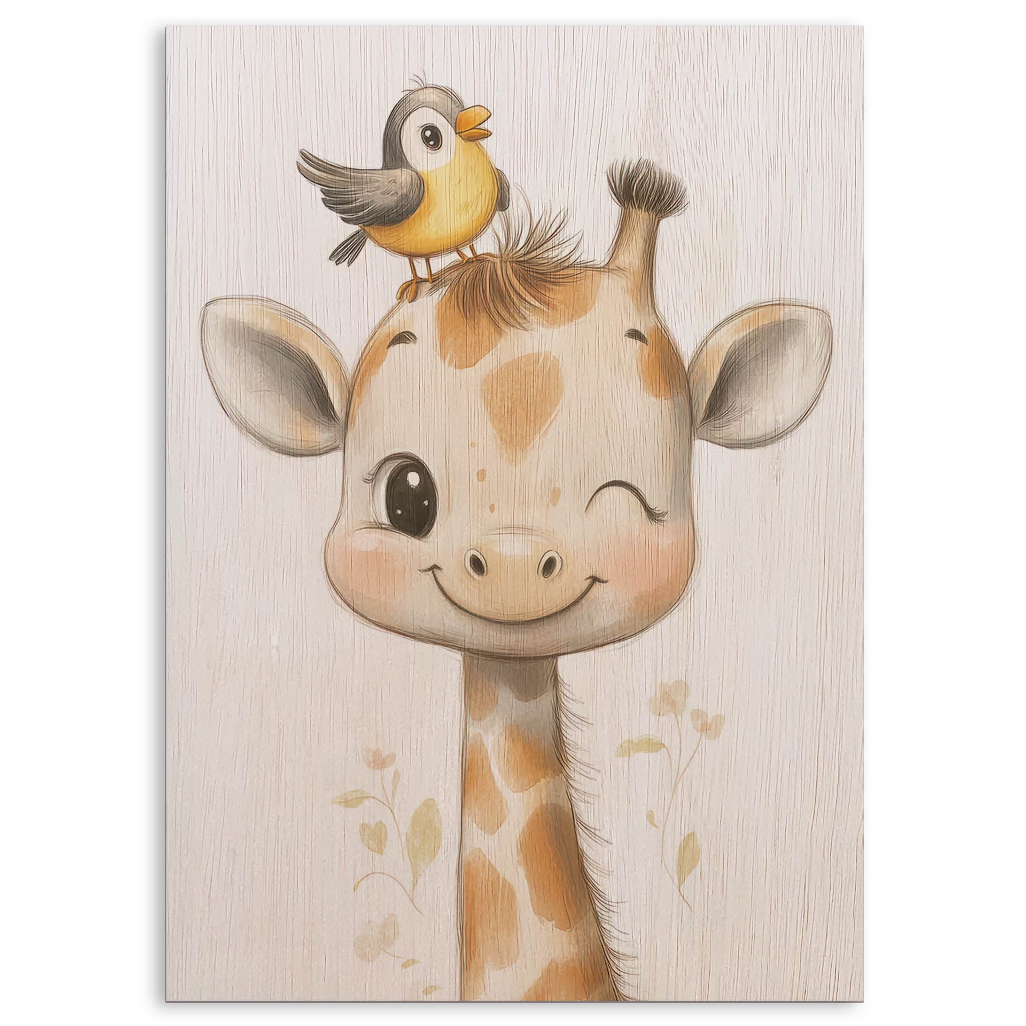 Cute Giraffe with Bird Wood Print by OnWood Australia