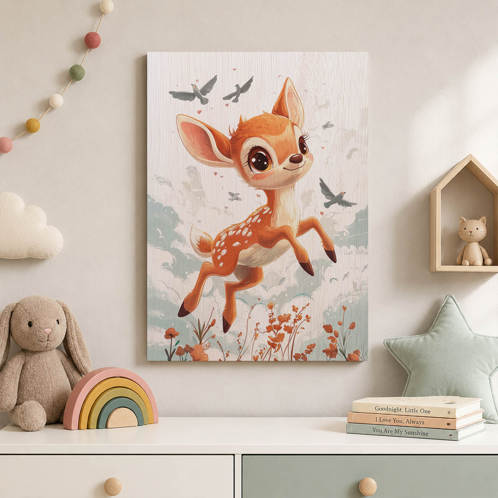 Cute Jumping Fawn Wood Print by OnWood Australia