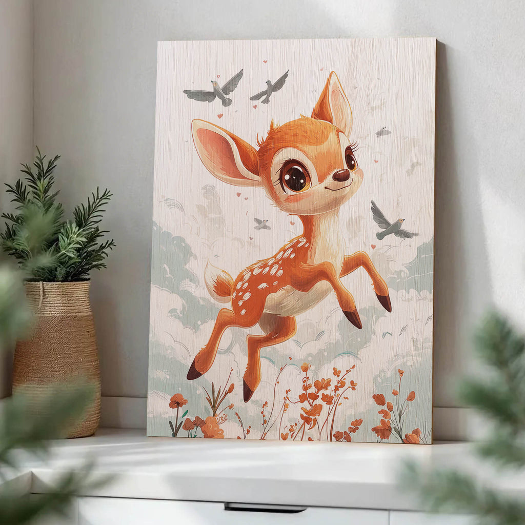 Cute Jumping Fawn Wood Print by OnWood Australia