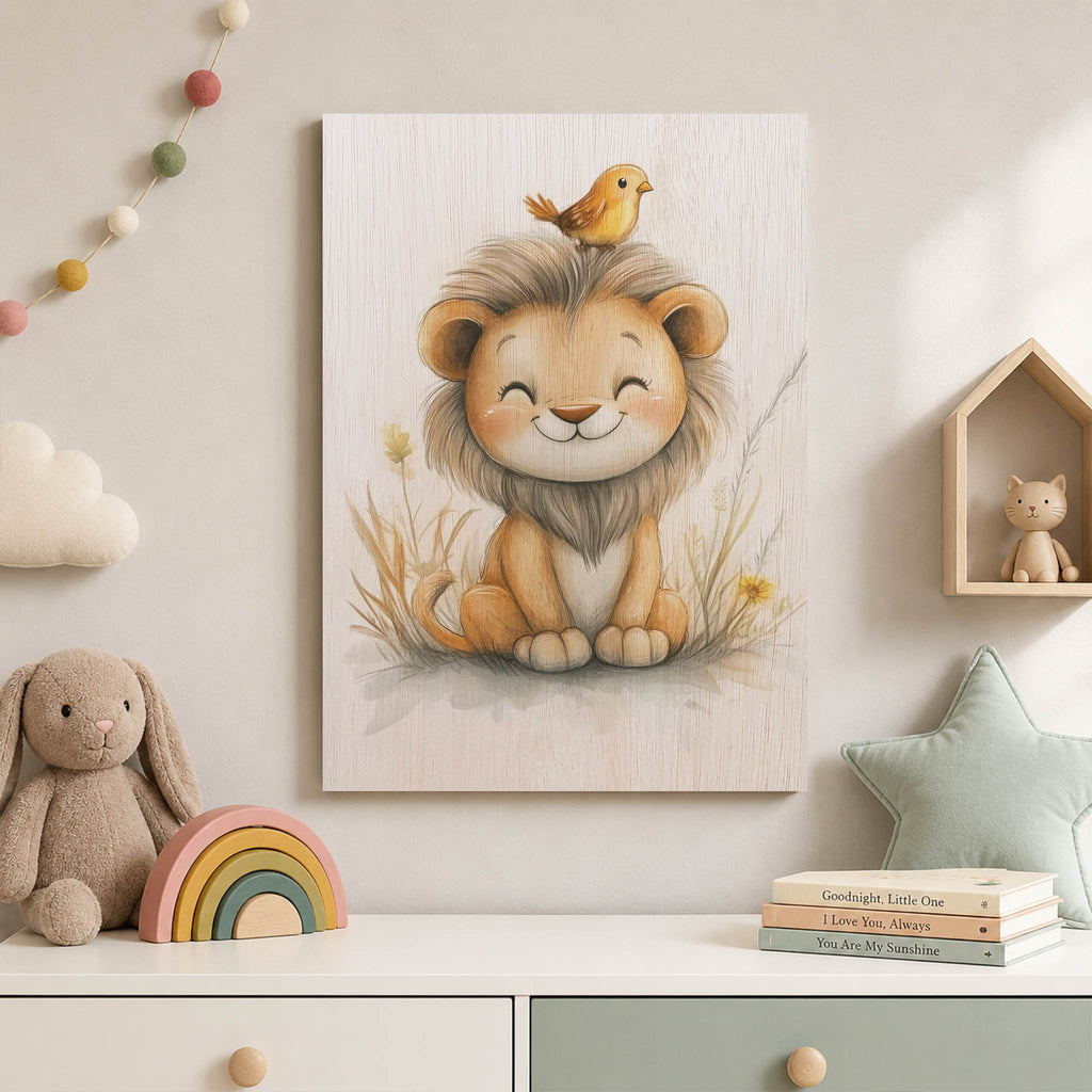 Cute Lion with Bird Wood Print by OnWood Australia