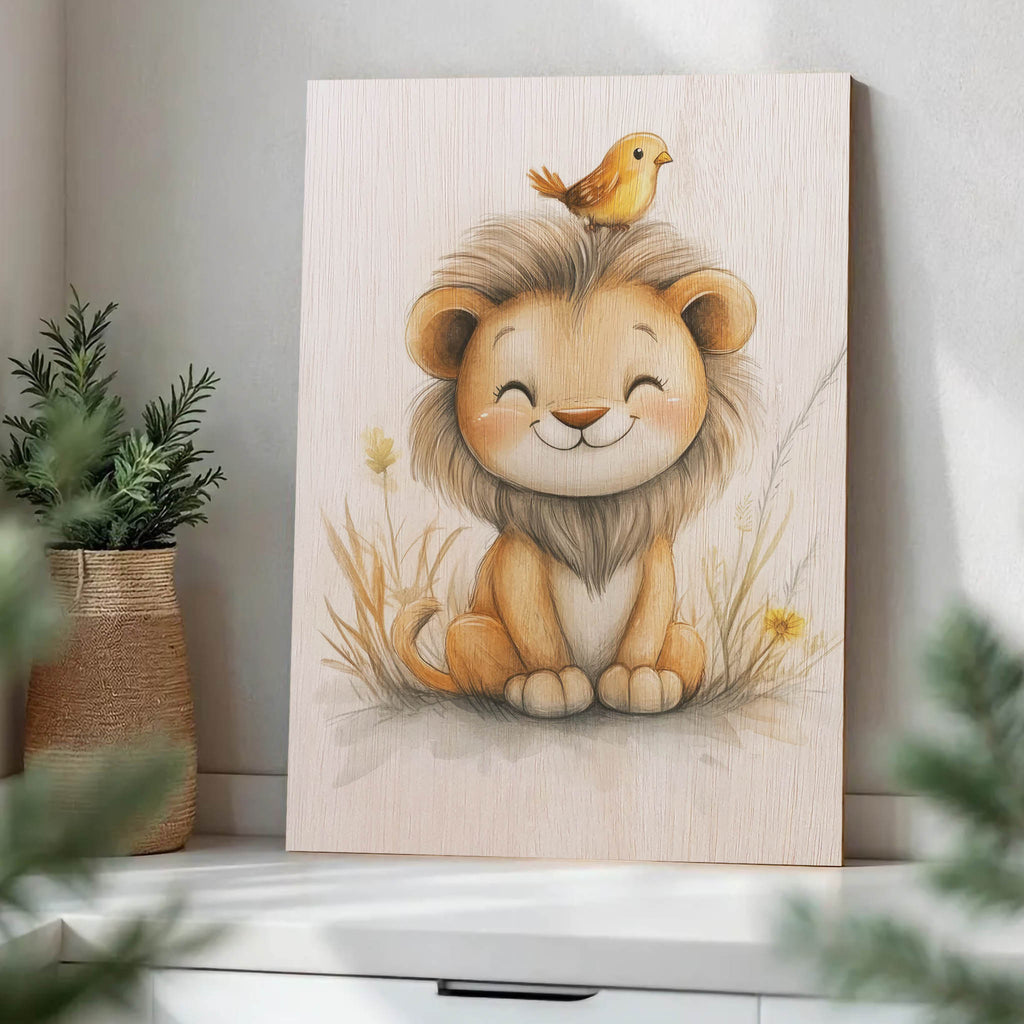 Cute Lion with Bird Wood Print by OnWood Australia