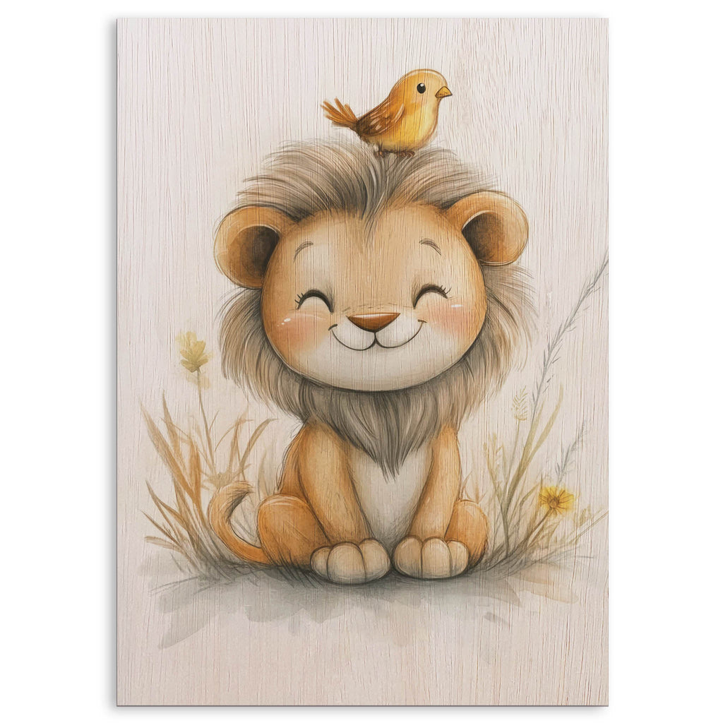 Cute Lion with Bird Wood Print by OnWood Australia