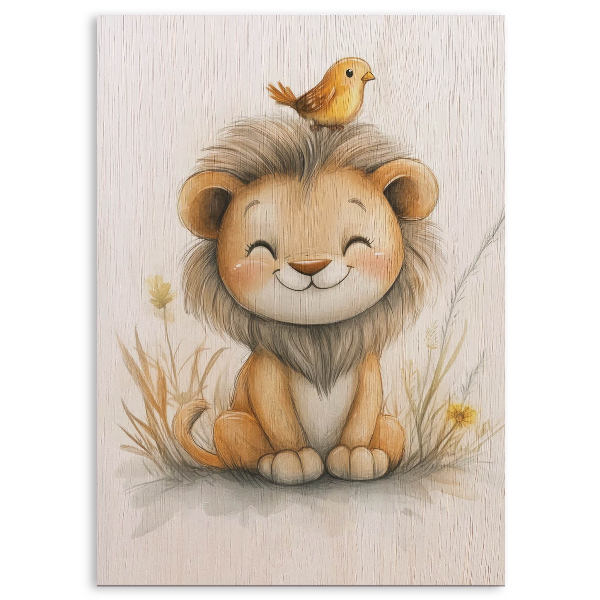 Cute Lion with Bird Wood Print by OnWood Australia