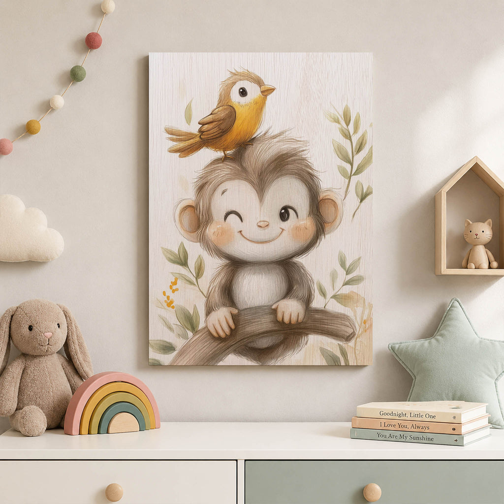 Cute Monkey and Bird Wood Print by OnWood Australia