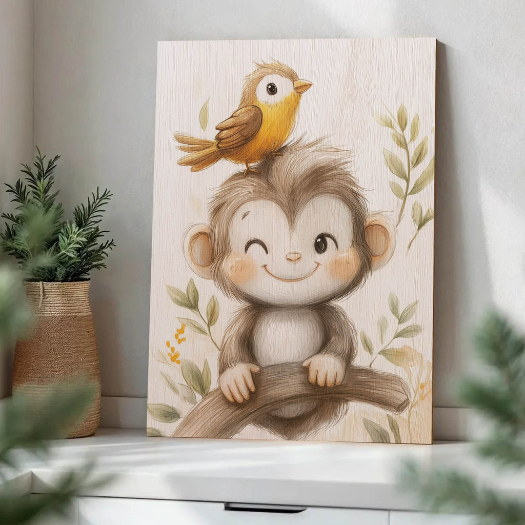 Cute Monkey and Bird Wood Print by OnWood Australia