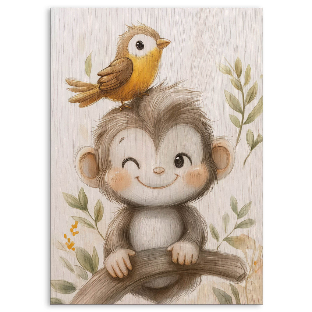 Cute Monkey and Bird Wood Print by OnWood Australia
