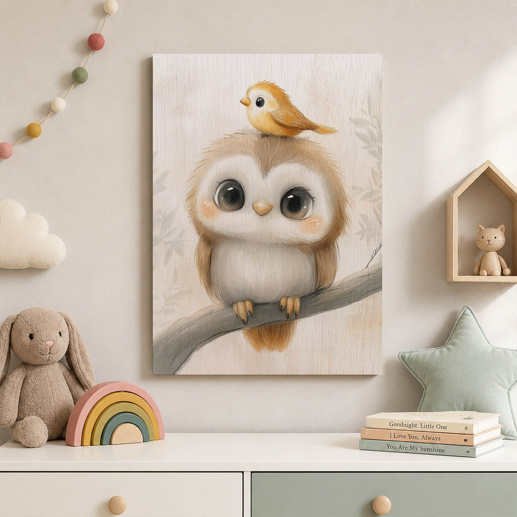 Cute Owl and Bird Wood Print by OnWood Australia