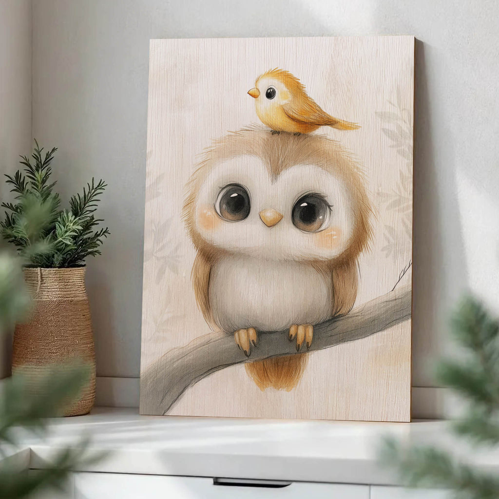 Cute Owl and Bird Wood Print by OnWood Australia