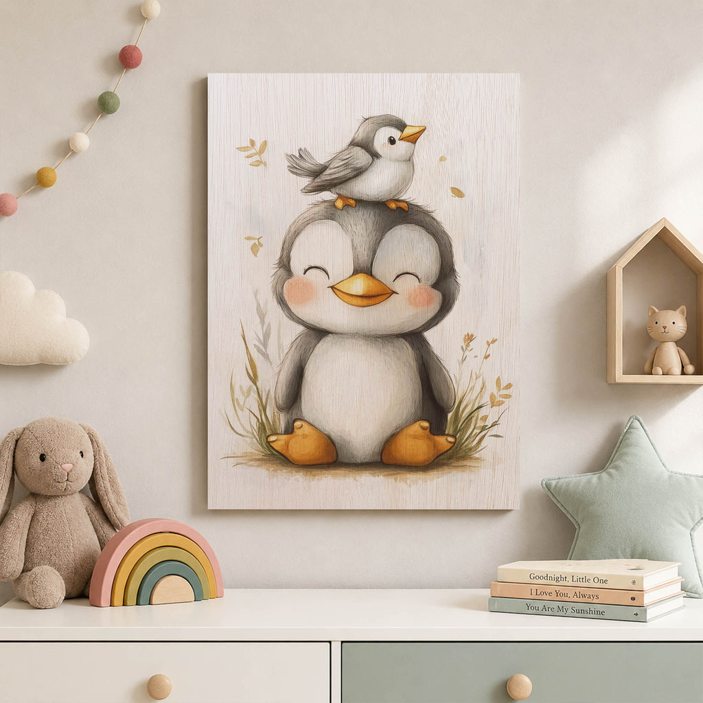 Cute Penguin and Bird Wood Print by OnWood Australia
