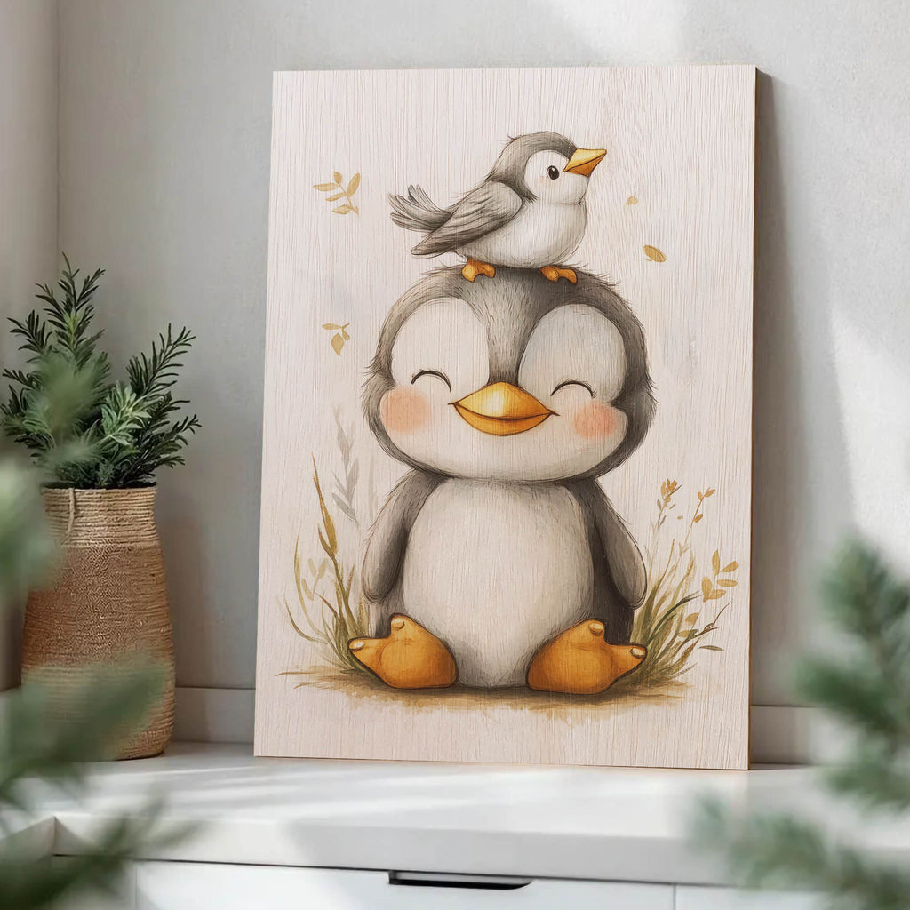 Cute Penguin and Bird Wood Print by OnWood Australia