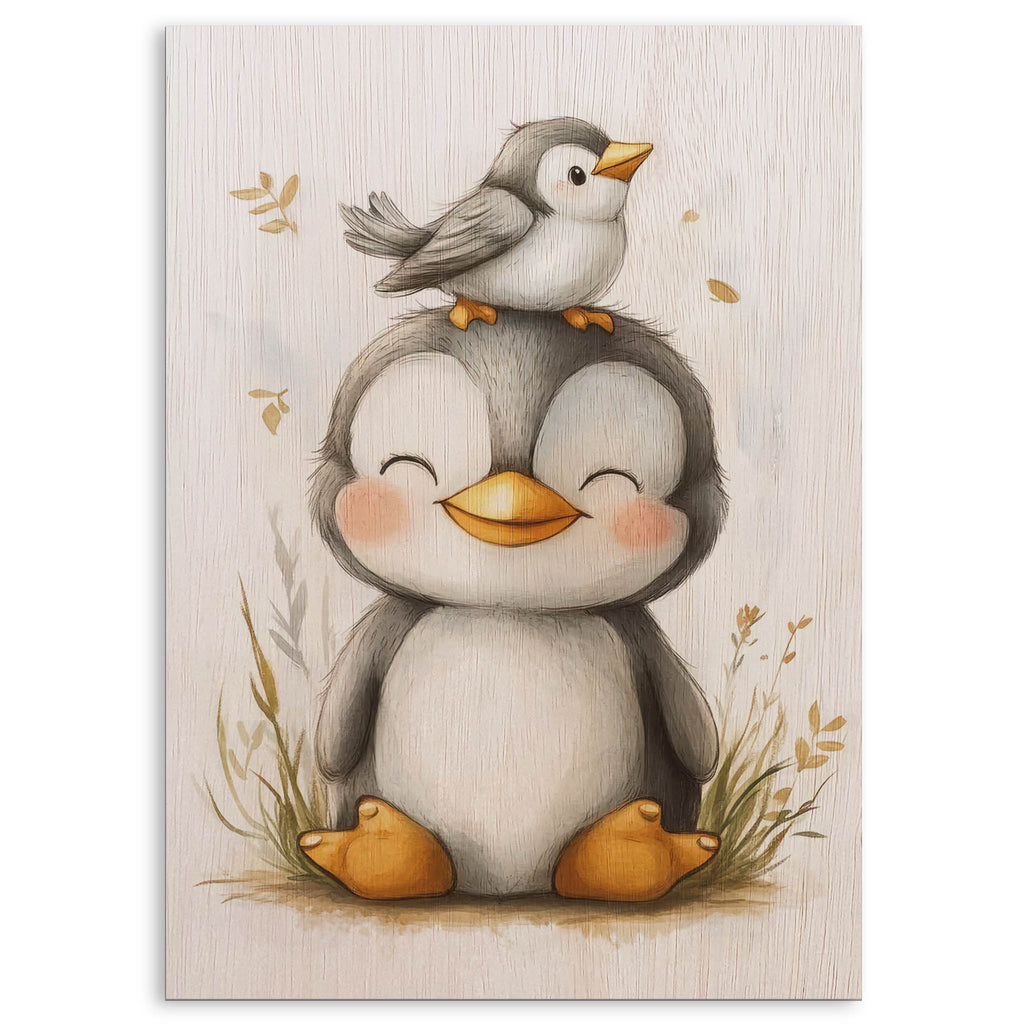 Cute Penguin and Bird Wood Print by OnWood Australia