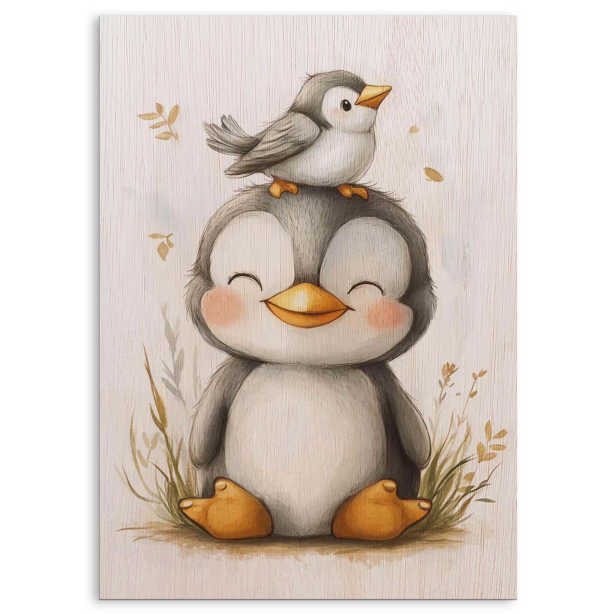 Cute Penguin and Bird Wood Print by OnWood Australia