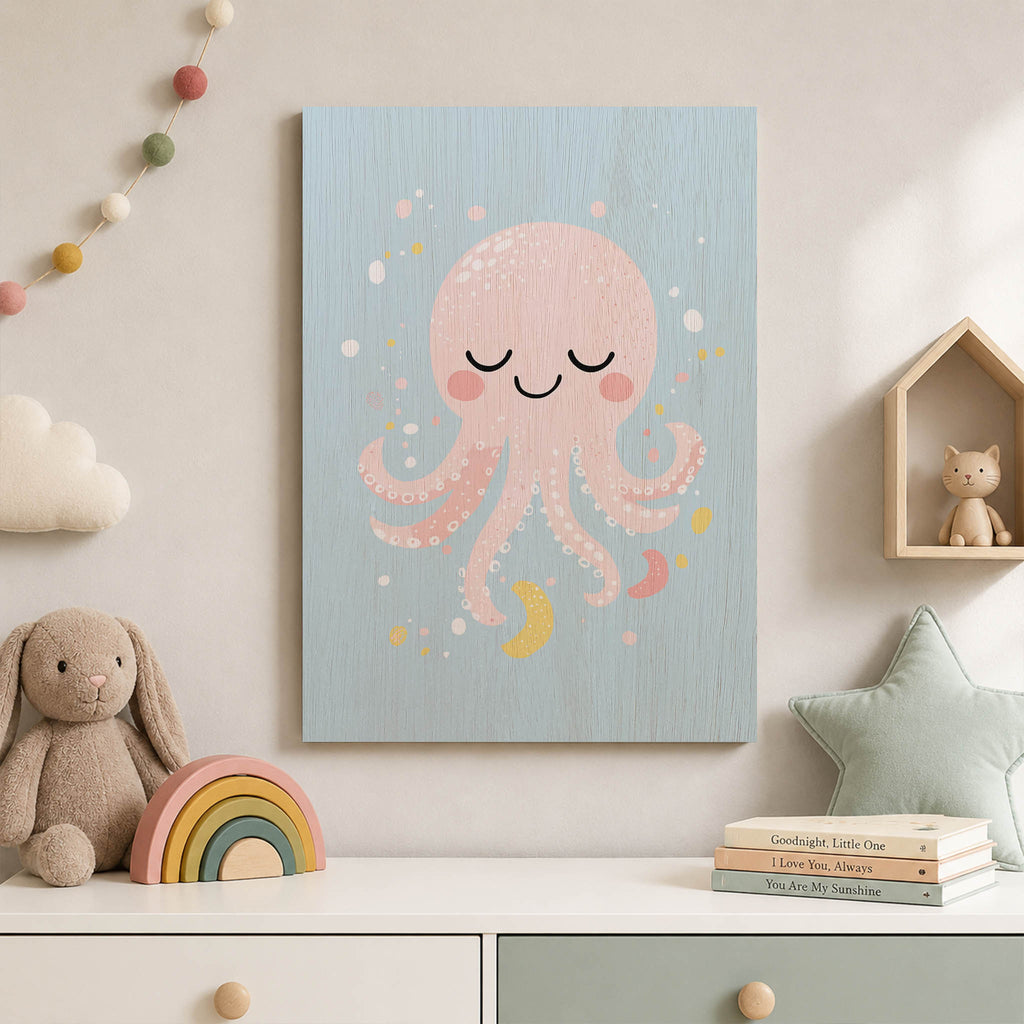 Cute Pink Octopus Wood Print by OnWood Australia