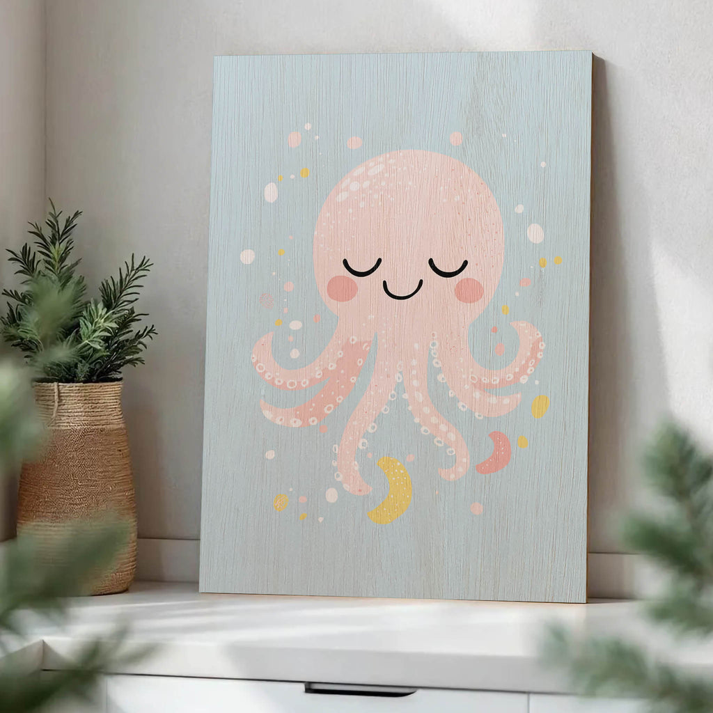Cute Pink Octopus Wood Print by OnWood Australia