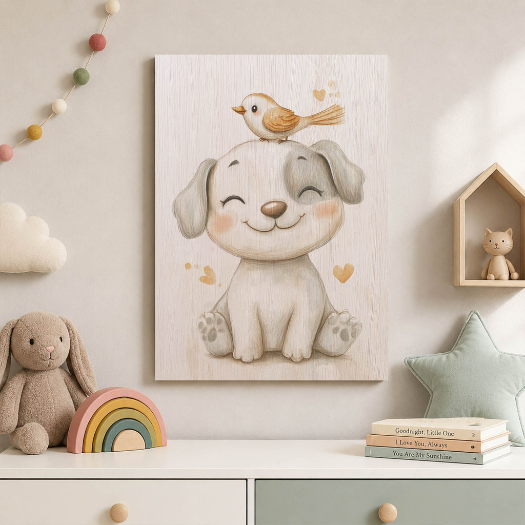 Cute Puppy with Bird Wood Print by OnWood Australia