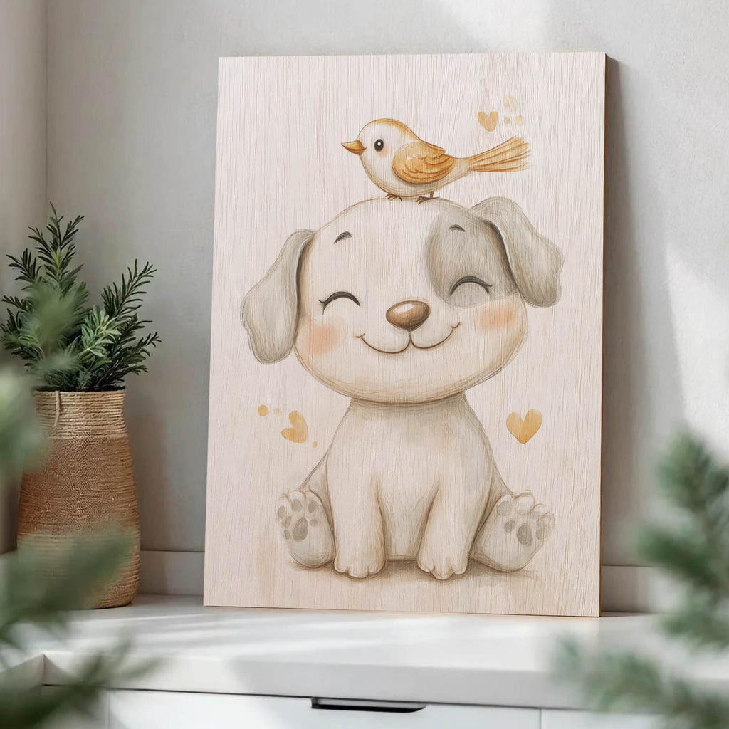Cute Puppy with Bird Wood Print by OnWood Australia