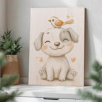 Cute Puppy with Bird Wood Print by OnWood Australia