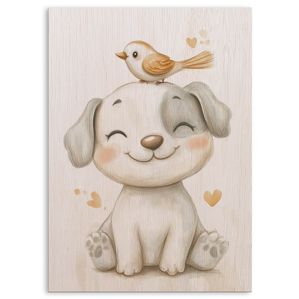 Cute Puppy with Bird Wood Print by OnWood Australia