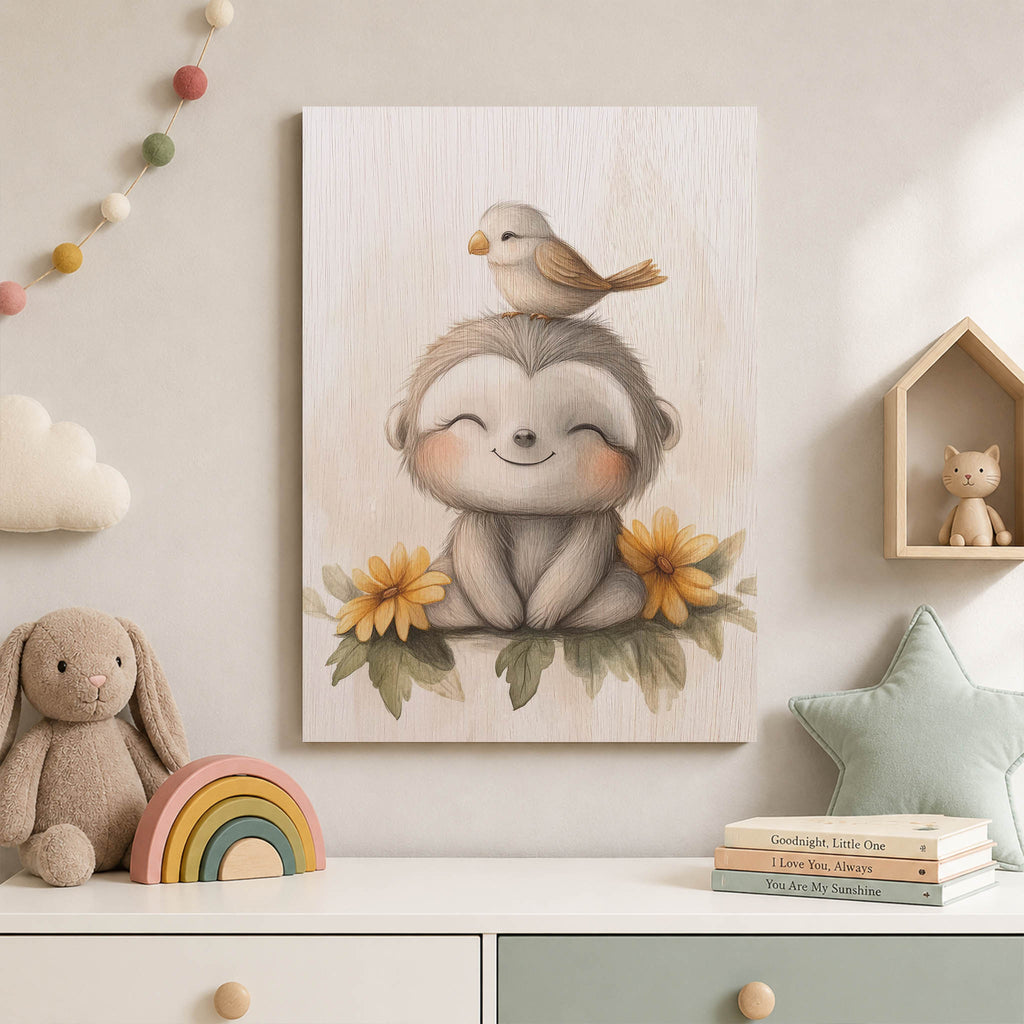 Cute Sloth with Bird Wood Print by OnWood Australia