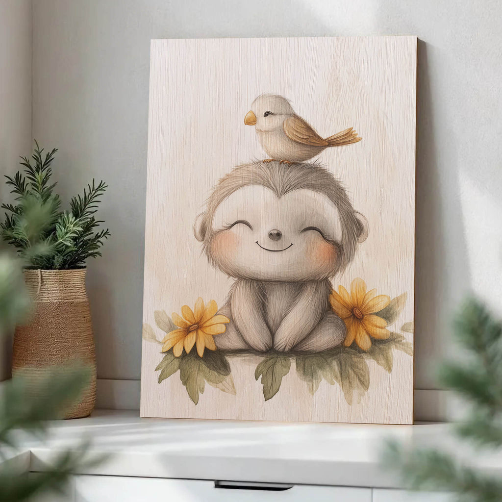 Cute Sloth with Bird Wood Print by OnWood Australia