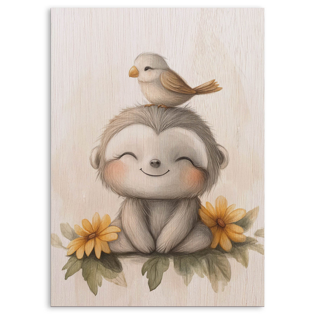 Cute Sloth with Bird Wood Print by OnWood Australia