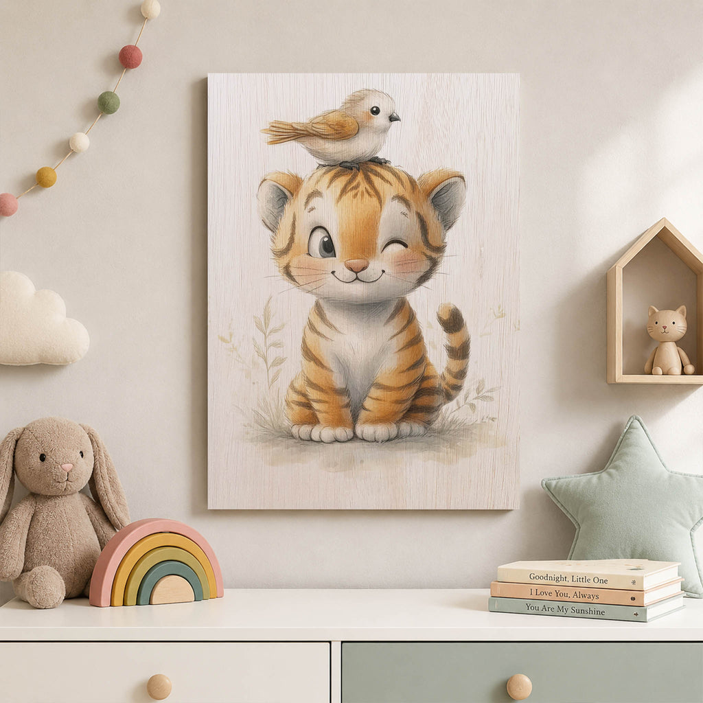 Cute Tiger Cub with Bird Wood Print by OnWood Australia