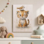 Cute Tiger Cub with Bird Wood Print by OnWood Australia