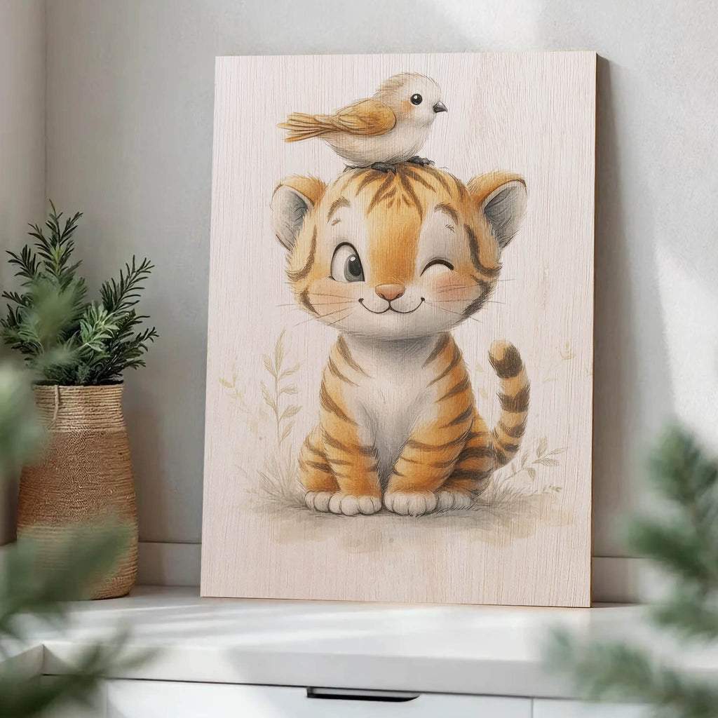 Cute Tiger Cub with Bird Wood Print by OnWood Australia