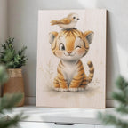 Cute Tiger Cub with Bird Wood Print by OnWood Australia