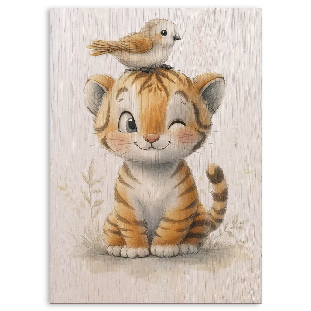 Cute Tiger Cub with Bird Wood Print by OnWood Australia
