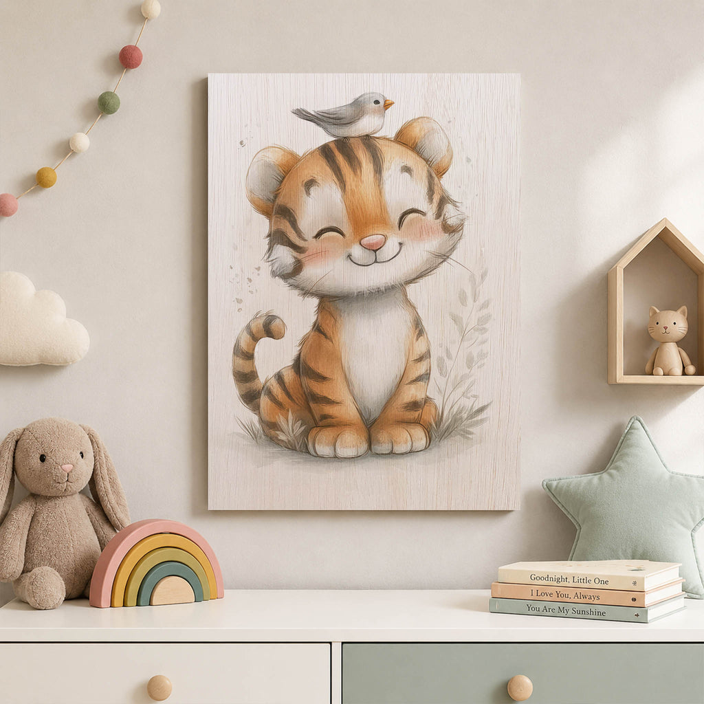 Cute Tiger with Bird Wood Print by OnWood Australia