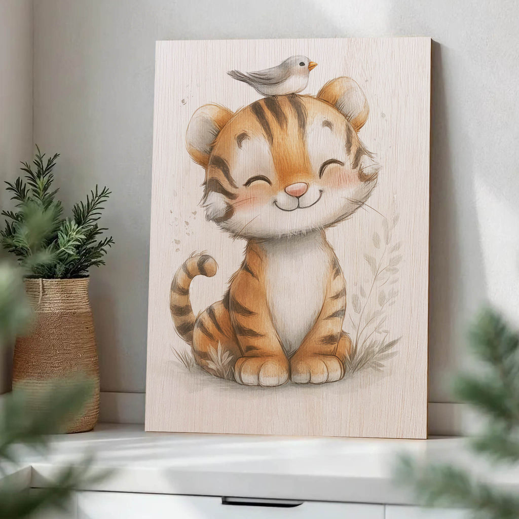 Cute Tiger with Bird Wood Print by OnWood Australia