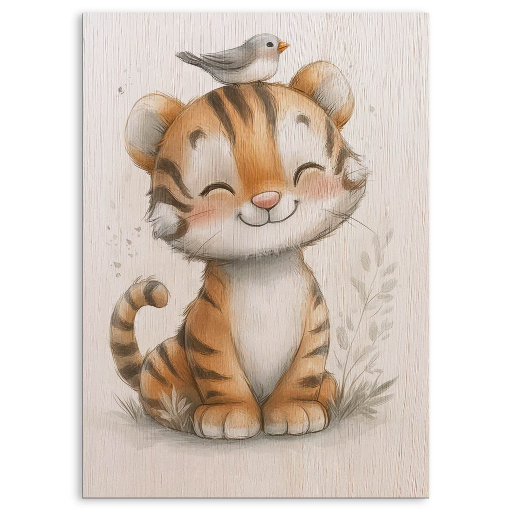 Cute Tiger with Bird Wood Print by OnWood Australia
