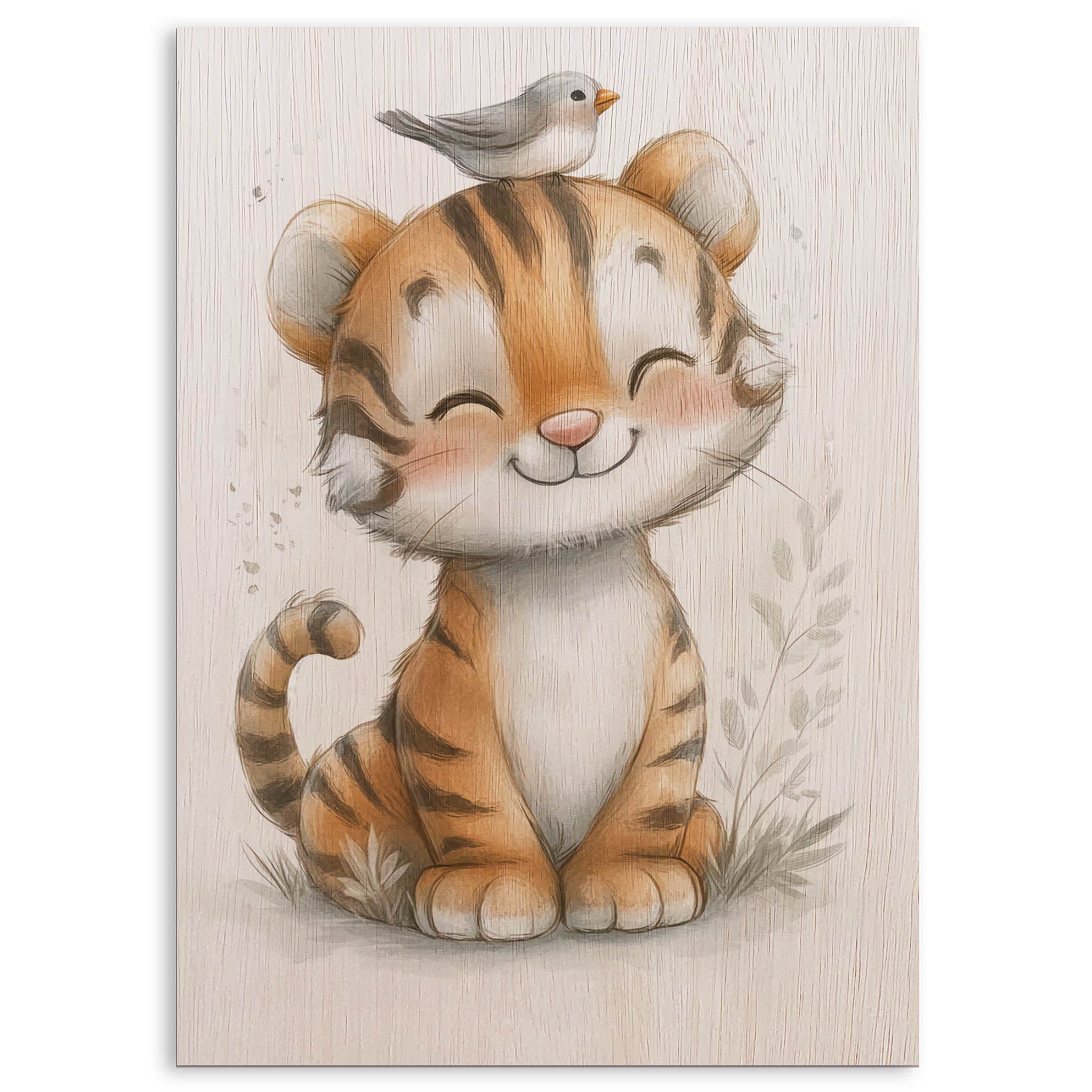 Cute Tiger with Bird Wood Print by OnWood Australia