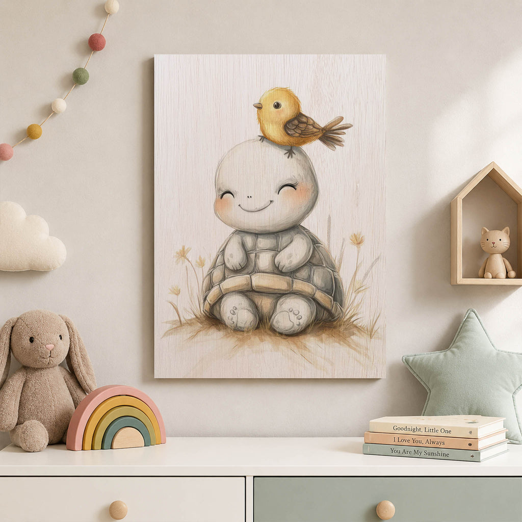 Cute Turtle and Bird Wood Print by OnWood Australia