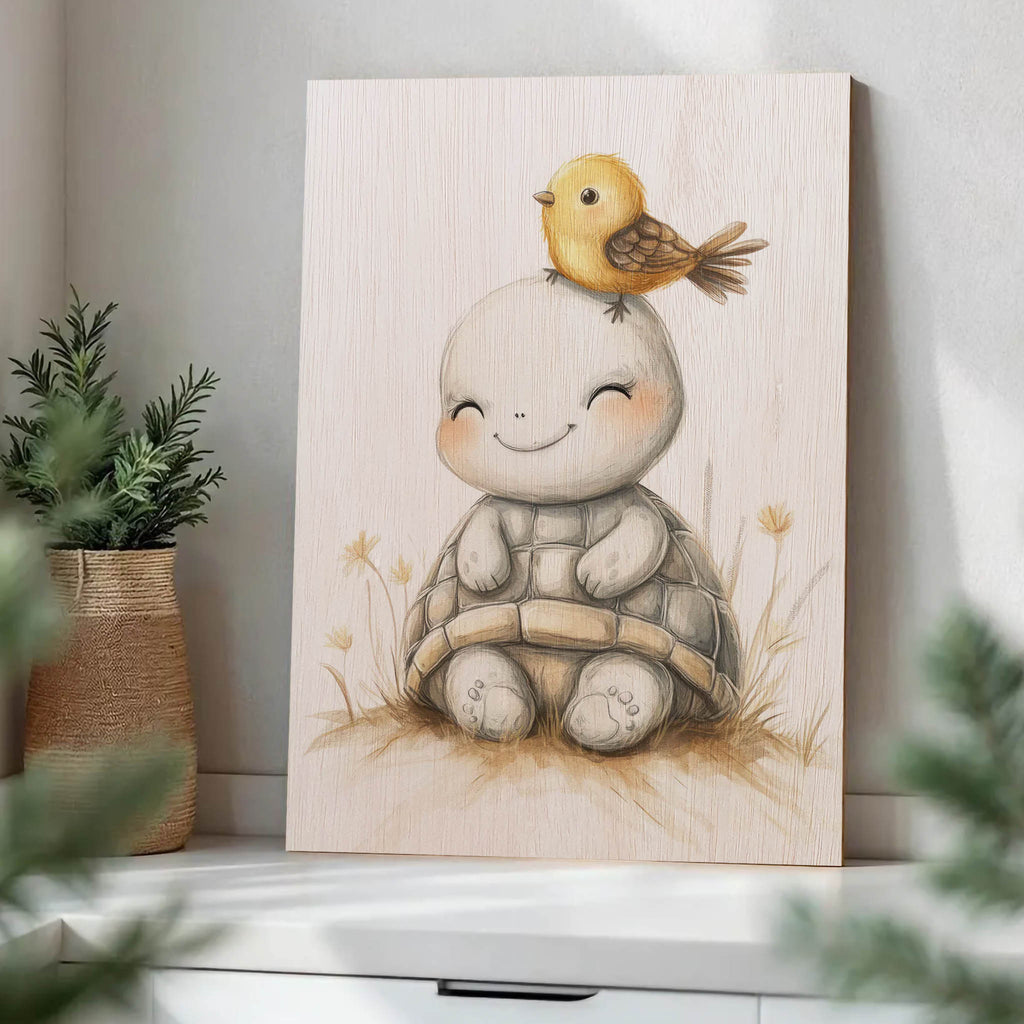 Cute Turtle and Bird Wood Print by OnWood Australia