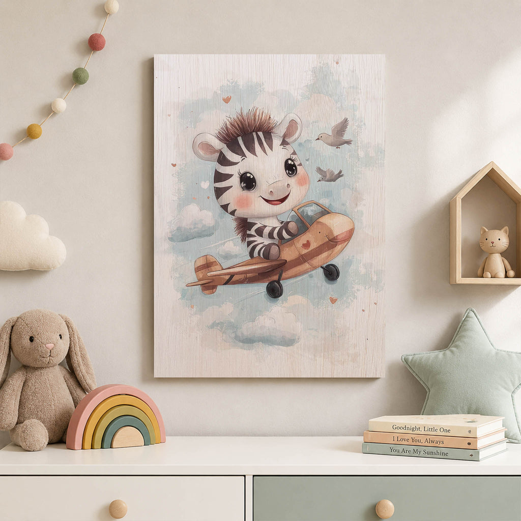 Cute Zebra Flying Airplane Wood Print by OnWood Australia