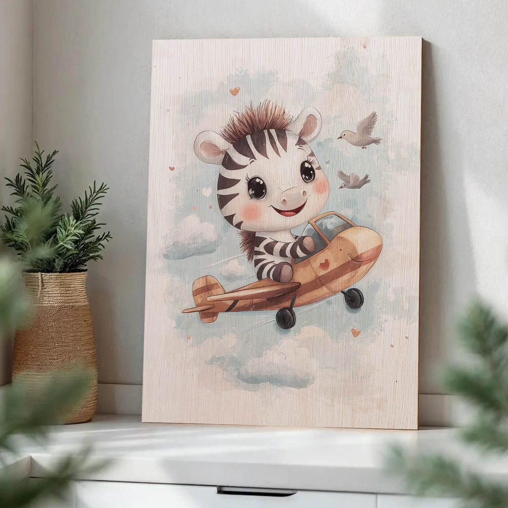 Cute Zebra Flying Airplane Wood Print by OnWood Australia