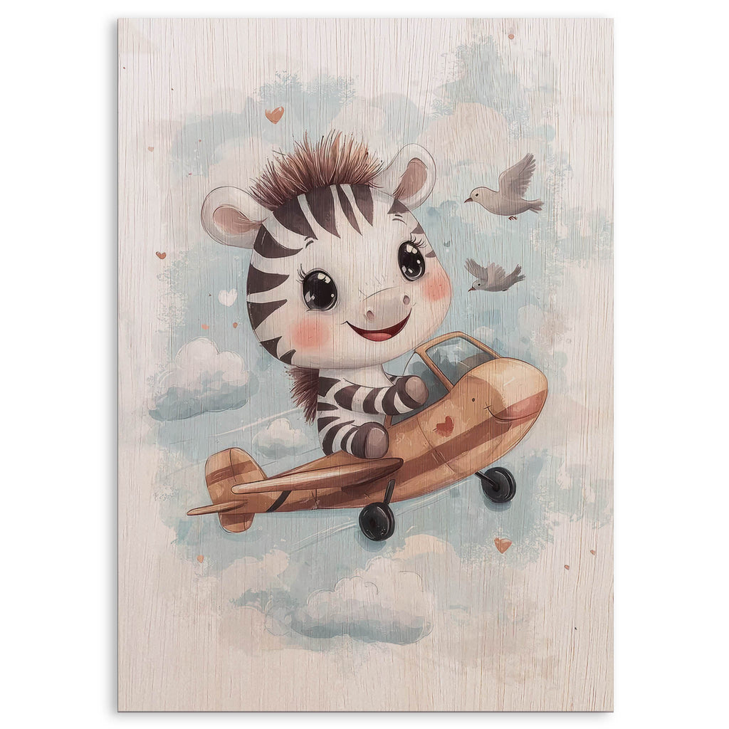 Cute Zebra Flying Airplane Wood Print by OnWood Australia