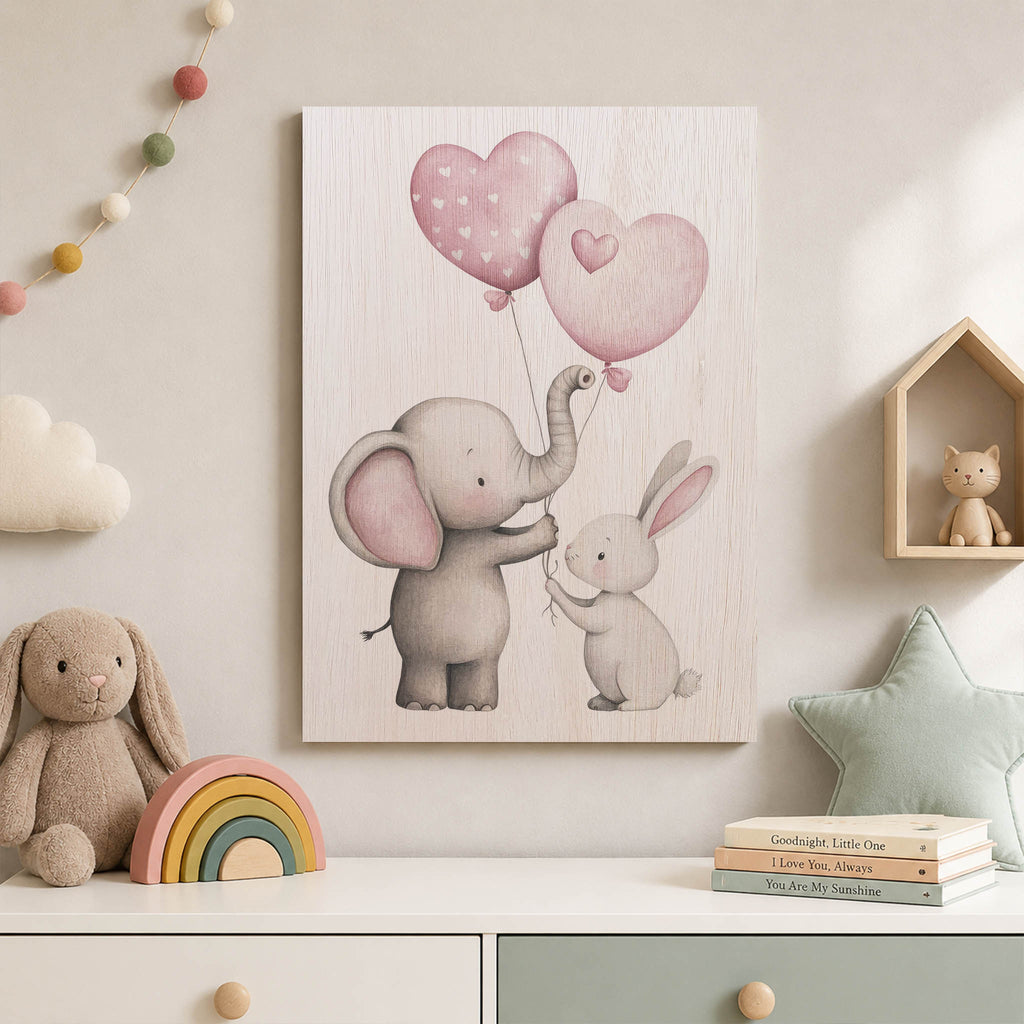Elephant and Bunny with Balloons Wood Print by OnWood Australia